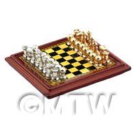 Dolls House Miniature Wood Effect Chess Board With Metal Playing Pieces