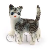 Dolls House Miniature Ceramic Grey and White Tabby Cat