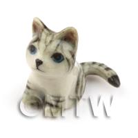 Dolls House Miniature  Sitting Tabby Grey Cat