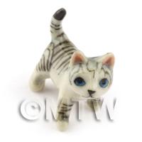 Dolls House Miniature Ceramic Grey Tabby Cat In Standing Position