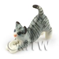 Dolls House Miniature Ceramic Grey Tabby Cat Stretching