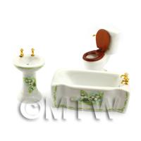 Dolls House Miniature Green and White Flower Pattern Bathroom Suite