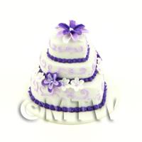 Dolls House Miniature 3 Tier White And Purple Cake With Flowers