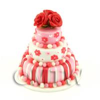 Dolls House Miniature 3 Tier Red / Pink / White Cake With Roses