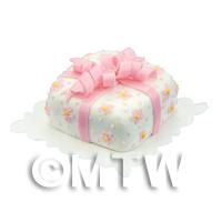 Dolls House Miniature Square Pink Ribbon Cake
