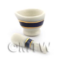 Dolls House Miniature Blue and Metallic Gold Striped Pestle and Mortar