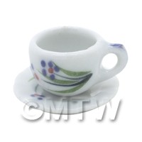 Dolls House Miniature Purple Flower Design Ceramic Cup and Saucer