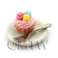 Miniature Fondant 3 Rose Cupcake In A Pink Paper Cup On A Plate With A Fork