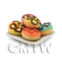 1/12th scale - Dolls House Miniature 5 Ring Donuts With Icing On a Plate