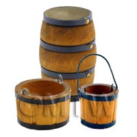 1/12th scale - Dolls House Old Style Brown Wood Barrel, Bucket And Planter Set
