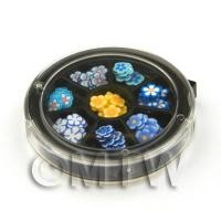 80 Assorted Nail Art Blue And Yellow Flower Slices In a Wheel