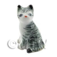 Dolls House Miniature Ceramic Light Grey and White Tabby Cat Sitting