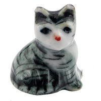 Dolls House Miniature Ceramic Grey and White Tabby Cat Sitting Down