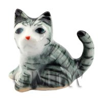 Dolls House Miniature Small Ceramic Grey and White Tabby Cat Sitting