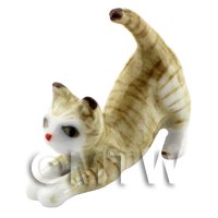 Dolls House Miniature Ceramic Brown and White Tabby Cat Stretching