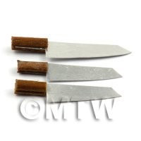 3 Miniature Metal And Wood Kitchen Knives