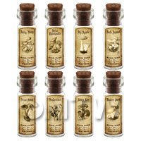 Dolls House Miniature Apothecary 8 Fungus / Mushroom Bottle And Labels Set 2
