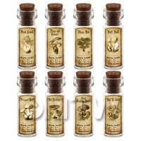 Dolls House Miniature Apothecary 8 Fungus / Mushroom Bottle And Labels Set 4