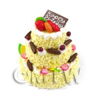 Cream iced Miniature 3 Tier Celebration Cake Topped with Candied Fruits 