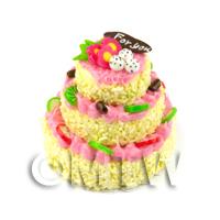 Yellow and Pink Iced Miniature 3 Tier Celebration Cake with Candied Fruits