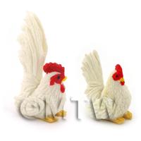 Dolls House Miniature White Hen And Cockerel Set 