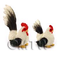 1/12th scale - Dolls House Miniature Black And White Hen And Cockerel Set 