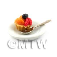 Dolls House Strawberry and Peach Tart on a Plate With a Spoon