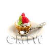 Dolls House Sliced Strawberry and Cream Tart on a Plate With a Spoon