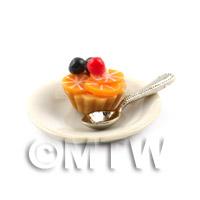 Dolls House Red Cherry and Orange Tart on a Plate With a Spoon