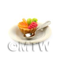 Dolls House Miniature Kiwi and Strawberry Tart on a Plate With a Spoon