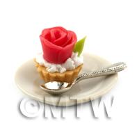 Dolls House Miniature Red Fondant Rose Tart on a Plate With a Spoon