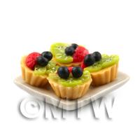 4 Dolls House Miniature Strawberry and Kiwi Tarts on a 19mm Square Plate