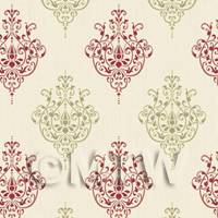 Dolls House Miniature Red And Sage Heraldic Diamond Wallpaper