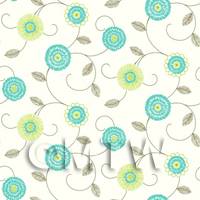 Dolls House Miniature Round Cyan And Green Flower Wallpaper