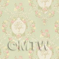 Dolls House Mixed Colour Damask Flower On Green Wallpaper 