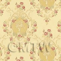 Dolls House Red Damask Flower On Pale Yellow Wallpaper 