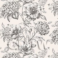 1/12th scale - Dolls House Miniature Black And White Mixed Flowers on White Wallpaper 