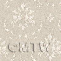 Dolls House Miniature Large Leafy White On Grey Damask Wallpaper 