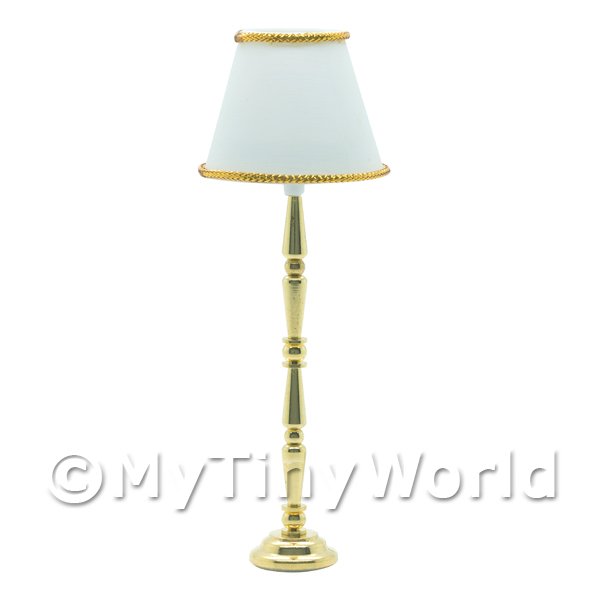 1/12 Scale Dolls House Miniatures  | Dolls House Miniature Ornate Gold Floor Lamp With White Shade