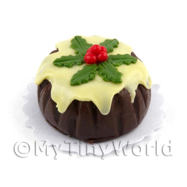1/12 Scale Dolls House Miniatures  | Miniature Chocolate Christmas Cake With Iced Top