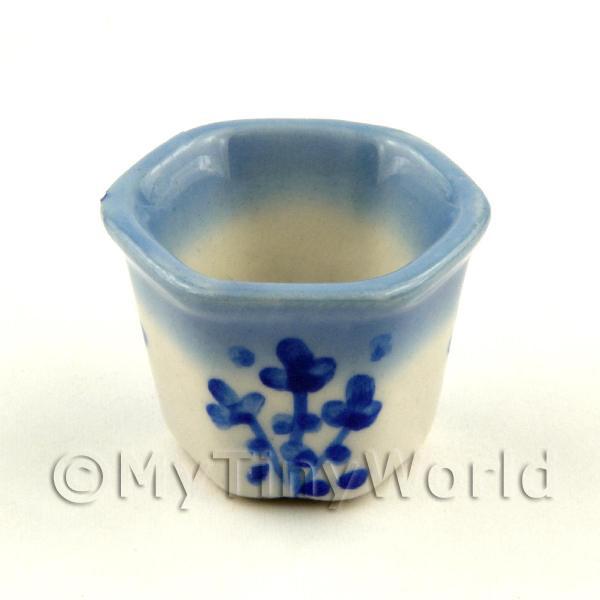 1/12 Scale Dolls House Miniatures  | 6 Sided Blue And White Miniature Glazed Ceramic Flower Pots