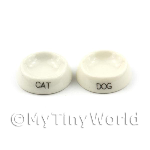 1/12 Scale Dolls House Miniatures  | Dolls House Miniature White Handmade Ceramic Dog And Cat Bowl