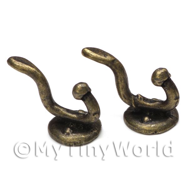 Pair Of Dolls House Miniature 1:12th Scale Antique Brass Coat Hooks 