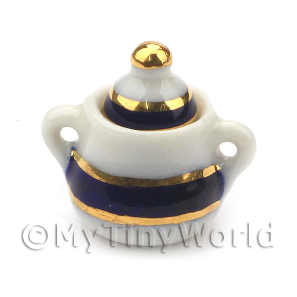 Dolls House Miniature Blue and Metallic Gold Spiral Tea Set 