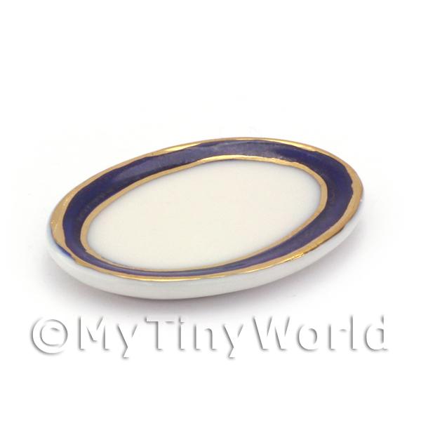 1/12 Scale Dolls House Miniatures  | Dolls House Miniature Blue and Metallic Gold 26mm Oval Plate