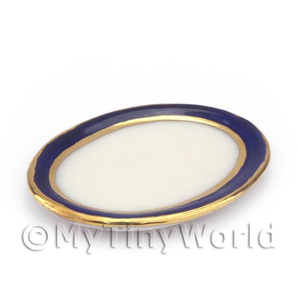 1/12 Scale Dolls House Miniatures  | Dolls House Miniature Blue and Metallic Gold 33mm Oval plate