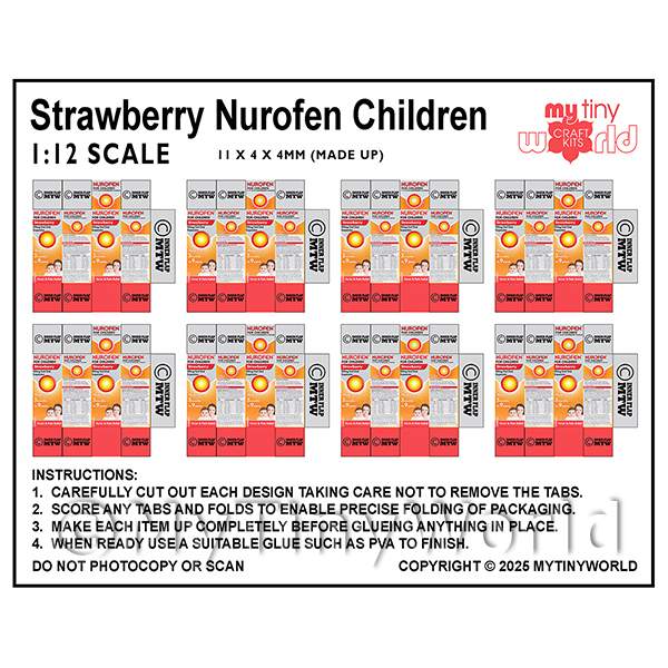 1/12 Scale Dolls House Miniatures | 1:12th Dolls House Miniature Sheet of 8 Strawberry Nurofen Children Boxes