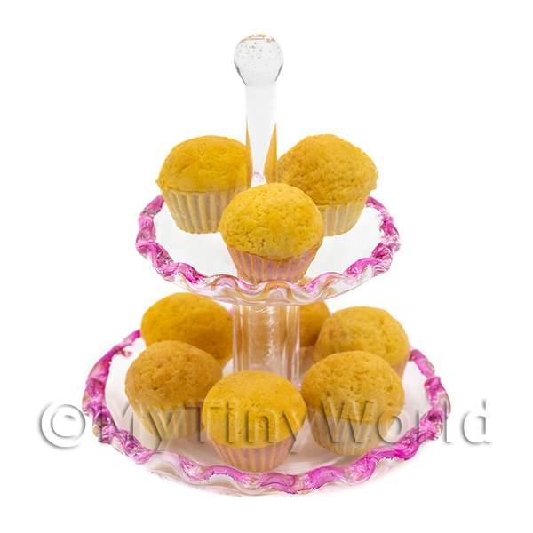 1/12 Scale Dolls House Miniatures  | Dolls House Miniature 9 Cupcakes on Pink Glass Cake Stand