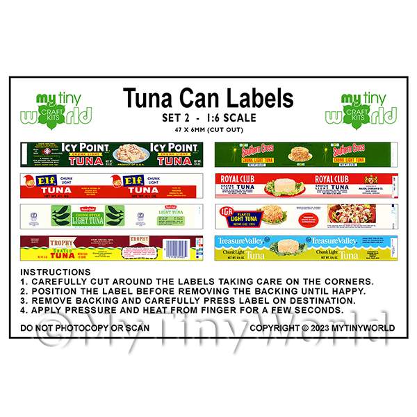 1/12 Scale Dolls House Miniatures  | Dolls House Miniature 1:6th Set Of 8 Tuna Can Labels (Set 2)
