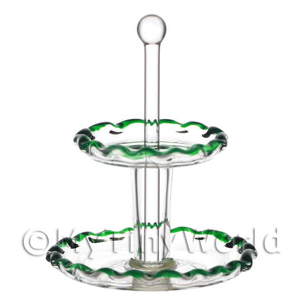 1/12 Scale Dolls House Miniatures  | Dolls House Miniature Handmade 2 Tier Green Trimmed Glass Cake Stand